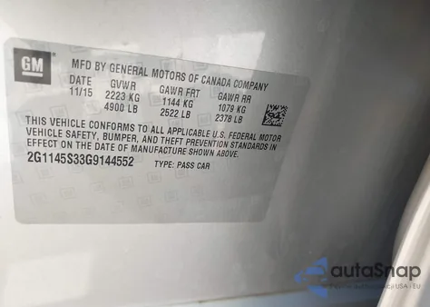 2016 Chevrolet Impala 2Lz from USA, damaged, VIN 2G1145S33G9144552